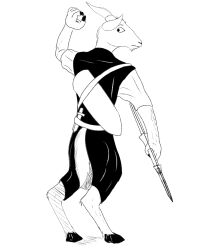  2022 4:5 anthro archer bovid bow_(feature) caprine clothed clothing digital_media_(artwork) fingers fur goat hi_res holding_object holding_weapon hooves horn inktober inktober_2022 leprzil looking_back male mammal monochrome pupils quiver_(object) shadow simple_background solo standing tail weapon white_background 