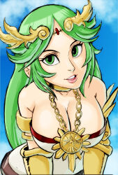  blue_background breasts chains cleavage diadem dress female gold_chain green_eyes green_hair kid_icarus kid_icarus_uprising large_breasts looking_at_viewer open_mouth palutena solo strapless strapless_dress teevo 