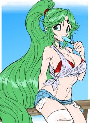  absurdres alternate_costume alternate_hairstyle archived_source breasts cowboy_shot denim denim_shorts exposed_pocket female food food_in_mouth green_hair highres holding holding_food holding_popsicle kid_icarus kid_icarus_uprising large_breasts long_hair navel palutena ponytail popsicle popsicle_in_mouth shorts solo teevo very_long_hair 