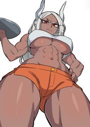  &gt;:( abs absurdres animal_ears boku_no_hero_academia breasts closed_mouth crop_top dark-skinned_female dark_skin english_commentary female from_below frown hand_on_own_hip hand_up highres holding holding_tray hooters large_breasts long_eyelashes long_hair looking_at_viewer mirko muscular muscular_female navel no_legwear orange_shorts parted_bangs rabbit_ears rabbit_girl red_eyes short_shorts shorts simple_background solo stomach tank_top telefka thick_thighs thighs tray underboob v-shaped_eyebrows white_background white_hair white_tank_top 