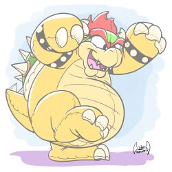  1:1 2017 2020 3_fingers 3_toes abstract_background animate_inanimate anthro biped bowser claws digital_media_(artwork) english_text feet fingers green_body hi_res koopa living_plushie male mario_bros nintendo open_mouth open_smile plushie pseudo_hair raised_tail scalie sharp_teeth shell signature simple_background smile solo soul-silver-dragon spiked_shell spikes spikes_(anatomy) tail teeth text toe_claws toes toony yellow_body 