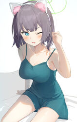  absurdres animal_ear_fluff animal_ears auui bare_arms bare_shoulders blue_archive blue_camisole blue_eyes blue_shorts blush breasts camisole cleavage commentary_request fake_animal_ears female grey_hair hairband halo hand_up highres looking_at_viewer medium_breasts one_eye_closed parted_lips saki_(blue_archive) short_shorts shorts sitting solo wavy_mouth white_background white_hairband 