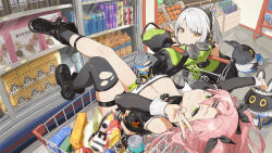  2girls absurdres anby_demara asymmetrical_legwear bangboo_(zenless_zone_zero) bare_shoulders black_footwear black_thighhighs boots breasts can cleavage commentary_request food fruit full_body green_eyes grey_hair highres holding holding_can in_shopping_cart indoors large_breasts long_hair looking_at_viewer medium_hair mismatched_legwear mole mole_on_breast mole_on_thigh multiple_girls nicole_demara orange_eyes pink_hair shopping_cart single_thighhigh skindentation snack strapless supermarket thighhighs torn_clothes torn_thighhighs tube_top twintails v white_tube_top yuyin_(uzrv7533) zenless_zone_zero 