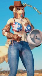  3d_(artwork) 4k 9:16 abs absurd_res american_flag_bikini anthro athletic beverage_can bikini blonde_hair bottomwear canid canine celestia_snyder_(ludexus) clothing cowgirl_outfit denim denim_bottomwear denim_clothing digital_media_(artwork) fan_character female flag_bikini fur gloves hair handwear hat headgear headwear hi_res jeans ludexus mammal pants pink_eyes solo source_filmmaker_(artwork) swimwear tail two-piece_swimsuit yellow_body yellow_fur 