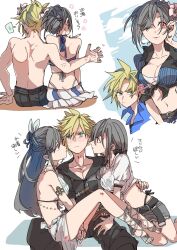  3boys 4girls aroused_nosebleed ass bare_shoulders bikini bikini_skirt bikini_under_clothes black_bikini black_hair blonde_hair blood blue_eyes blue_shirt blush bow breasts butt_crack cleavage clone_harem cloud_strife cloud_strife_(maritime_sailor) cloud_strife_(ocean_chocobo) cloud_strife_(wild_surf) commentary crop_top denim denim_skirt final_fantasy final_fantasy_vii final_fantasy_vii_ever_crisis final_fantasy_vii_rebirth final_fantasy_vii_remake flower frayed_skirt from_behind front-tie_top girl_sandwich hair_flower hair_ornament hairbow highleg highleg_bikini highres holding_hands hover_hand large_breasts leaning_on_person looking_at_another midriff multiple_boys multiple_girls multiple_persona navel nosebleed official_alternate_costume official_alternate_hairstyle oshibainoticket red_eyes sandwiched see-through see-through_shirt shirt sitting sitting_on_lap sitting_on_person skirt spiked_hair spoken_blush sweatdrop swimsuit thong_bikini tied_shirt tifa_lockhart tifa_lockhart_(lifeguard) tifa_lockhart_(majestic_glamour) tifa_lockhart_(passion_mermaid) tifa_lockhart_(shining_spirit) toeless_footwear toes topless_male translation_request white_bikini white_bow white_shirt 