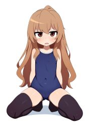  aisaka_taiga black_thighhighs blue_one-piece_swimsuit brown_eyes brown_hair cameltoe competition_school_swimsuit covered_navel female flat_chest full_body highres long_hair looking_at_viewer mikoscrub no_shoes one-piece_swimsuit open_mouth school_swimsuit simple_background skindentation solo straight-on swimsuit thighhighs thighs toradora! v-shaped_eyebrows white_background 