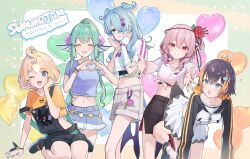  5girls absurdres ahoge aqua_eyes aqua_nails balloon bell bent_over bird_tail black_hair blonde_hair blue_eyes blue_hair blush closed_eyes closed_mouth collarbone elira_pendora finana_ryugu fingerless_gloves flower gloves green_hair hair_flower hair_ornament head_wings heart heart-shaped_pupils heart_hands highres hood hoodie jingle_bell long_hair looking_at_viewer low_wings lucie_(millie_parfait) medium_hair midriff millie_parfait multicolored_hair multiple_girls navel nijisanji nijisanji_en one_eye_closed open_mouth outstretched_arms overalls petra_gurin pink_hair plant ponytail red_eyes red_flower red_rose rose rosemi_lovelock scales short_hair shorts side_ponytail single_fingerless_glove sitting skirt smile standing standing_on_one_leg strap_slip sweatdrop symbol-shaped_pupils tail thorns tiimukai torn_clothes two-tone_hair vines virtual_youtuber wariza wings 