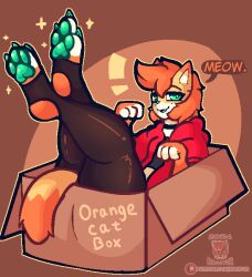  1:1 3_toes anthro biped box cardboard cardboard_box claws clothed clothing container digital_media_(artwork) domestic_cat english_text feet felid feline felis femboy fingers fur green_eyes green_pawpads hair hoodie looking_at_viewer male mammal nagi_(nagifur) nagifur orange_body orange_fur orange_hair pawpads paws pixel_(artwork) simple_background solo sparkles stuck text toes topwear 