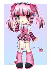  2000s_(style) absurdres animal_ears artist_name bandaid bandaid_on_knee bandaid_on_leg black_footwear blue_eyes bone_hair_ornament border crossed_bandaids deformed demon_tail dog_ears female fingerless_gloves food-themed_hair_ornament frilled_skirt frills full_body gingham_skirt gloves hair_ornament hairband hand_up heterochromia highres indie_virtual_youtuber kigidere leg_tattoo leg_warmers long_hair looking_at_viewer miniskirt multicolored_hair necktie outside_border pink_hair pink_leg_warmers pink_necktie pink_shirt purple_eyes sagawa_kiki scene_fashion shirt short_sleeves skirt solo spiked_hairband spikes standing strawberry_hair_ornament streaked_hair striped_necktie tail tattoo tongue tongue_out twintails w white_border 