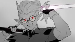  1boy adjusting_eyewear bad_id bad_pixiv_id clenched_teeth commentary_request compression_shirt demon dragon_ball dragon_ball_heroes dragon_ball_xenoverse energy_sword fingerless_gloves fu_(dragon_ball) glasses gloves greyscale grin holding holding_sword holding_weapon imminent_fight male_focus medium_hair monochrome muscular muscular_male nana_tsuba_(pixiv78353289) ninjatou pointy_ears ponytail red_eyes round_eyewear short_sword smile solo spot_color sword teeth undercut upper_body weapon 