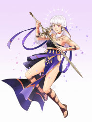  :d ancient_greek_clothes armlet artist_name bad_id bad_tumblr_id breasts dancer_(fire_emblem:_three_houses) dress female fire_emblem fire_emblem:_three_houses full_body gladiator_sandals gradient_background greco-roman_clothes highres holding holding_sword holding_weapon jewelry long_hair lysithea_von_ordelia medium_breasts sandals sanxian_(yzderia) single-shoulder_dress smile solo sword sword_of_the_creator weapon white_hair 