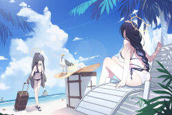  2girls beach bikini black_bikini black_hair blue_archive blue_sky breasts chinese_commentary cloud commentary_request cumulonimbus_cloud day feishi from_behind full_body halo hat highres hinata_(blue_archive) hinata_(swimsuit)_(blue_archive) holding holding_suitcase lens_flare long_hair looking_at_another low-braided_long_hair low-tied_long_hair multiple_girls ocean official_alternate_costume outdoors palm_tree ponytail sitting sky small_breasts standing suitcase swimsuit tree ui_(blue_archive) ui_(swimsuit)_(blue_archive) unworn_hat unworn_headwear white_bikini yellow_halo 