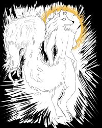  2022 5_fingers anthro black_nose breasts canid canine deity digital_media_(artwork) eyelashes female fingers fire flaming_tail fox fur hair hi_res inktober inktober_2022 leprzil looking_back mammal solo standing tail true_fox white_eyes 