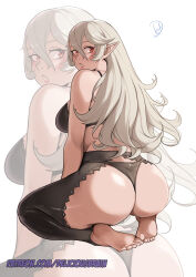  absurdres ass bare_shoulders barefoot black_bra black_panties bra breasts commentary corrin_(female)_(fire_emblem) corrin_(fire_emblem) deliciousbrain feet female fire_emblem fire_emblem_fates grey_hair highres knees_apart_feet_together long_hair looking_at_viewer medium_breasts panties pointy_ears red_eyes seiza simple_background sitting soles thong toes underwear very_long_hair white_background zoom_layer 