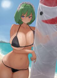  absurdres bikini black_bikini blue_eyes blue_sky breast_press breasts cleavage closed_mouth commentary dated_commentary green_hair groin highres horizon huge_breasts inflatable_toy looking_at_viewer maid_headdress mimi-chan moriforest1040 navel ocean outdoors ruukoto short_hair sky swimsuit touhou touhou_(pc-98) 