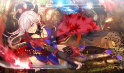  aora black_gloves black_thighhighs breasts cleavage dual_wielding elbow_gloves fate/grand_order fate_(series) female gloves grin holding holding_sword holding_weapon katana long_hair medium_breasts miyamoto_musashi_(fate) miyamoto_musashi_(second_ascension)_(fate) parody pink_hair ponytail purple_eyes revision smile solo style_parody sword takeuchi_takashi_(style) thighhighs weapon 