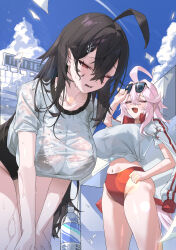  2girls absurdres ahoge bent_over black_buruma black_hair blue_sky bottle bra_visible_through_clothes breasts buruma cloud commentary_request confetti cowboy_shot crossed_bangs cumulonimbus_cloud day exhausted eyewear_on_head furrowed_brow glint gym_shirt gym_uniform hair_between_eyes hair_ornament half-closed_eyes hand_on_own_hip highres huge_ahoge huge_breasts jacket jacket_on_shoulders korean_commentary lens_flare light_blush long_hair looking_at_viewer midriff multiple_girls navel oerba_yun_fang open_mouth original outdoors pink_eyes pink_hair plastic_bottle rame_tree_(heuksaek) red_buruma red_eyes rima_(0136) rime_tree_(heuksaek) see-through see-through_shirt shirt short_sleeves skin_fang sky smile standing sunglasses sweat sweaty_clothes tied_shirt track_jacket very_long_hair water_bottle white_jacket white_shirt 