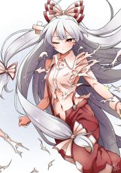  baggy_pants bow breasts collared_shirt female fujiwara_no_mokou grey_hair groin hairbow highres long_hair midriff multiple_hair_bows navel ofuda ofuda_on_clothes one_eye_closed pants red_eyes red_pants red_suspenders scavia10 shirt simple_background small_breasts solo suspenders torn_clothes torn_shirt touhou very_long_hair white_background white_bow white_shirt wrist_cuffs 