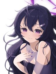  absurdres bare_shoulders black_dress black_hair blue_archive breasts cleavage commentary_request dress female hair_between_eyes halo hand_up haruka_(blue_archive) haruka_(dress)_(blue_archive) highres koflif long_hair looking_at_viewer nail_polish parted_lips purple_eyes purple_nails see-through simple_background small_breasts solo upper_body very_long_hair white_background 