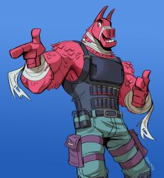  ammunition animate_inanimate anthro bandage bandaged_arm bandaged_neck belt blue_background bottomwear bulletproof_vest camelid clothing epic_games eye_patch eyewear fortnite fur gesture hand_gesture hi_res knee_pads legband living_pinata llama looking_at_viewer lt._john_llama male mammal pants pinata pink_body pink_fur pointing pointing_at_viewer polartoons shell_(projectile) shotgun_shell signature simple_background smile solo teeth tufted_fur 