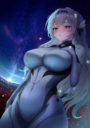  absurdres arkucoffee black_hairband bodysuit breasts female firefly_(ar-26710)_(honkai:_star_rail) firefly_(honkai:_star_rail) grey_bodysuit grey_hair hairband hand_on_own_chest highres honkai:_star_rail honkai_(series) large_breasts long_hair night night_sky official_alternate_costume outdoors sky solo upper_body very_long_hair 