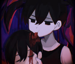  2boys bare_shoulders black_hair black_tank_top bleeding_from_forehead blood closed_eyes colored_skin commentary_request dual_persona empty_eyes hair_behind_ear hair_between_eyes highres holding_another&#039;s_head multiple_boys no_pupils omori omori_(omori) shii_1_ta short_hair sunny_(omori) tank_top white_skin 