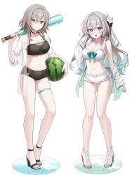  2girls alternate_costume aqua_hair aqua_nails bare_shoulders baseball_bat bikini bikini_shorts black_bikini black_footwear black_shorts breasts character_name cleavage commentary_request feet firefly_(honkai:_star_rail) food fruit full_body gradient_hair grey_hair hair_between_eyes hair_intakes hair_ornament hairband high_heels highres holding holding_baseball_bat holding_food holding_fruit honkai:_star_rail honkai_(series) jacket korean_commentary legs long_hair long_sleeves looking_at_viewer merchandise_available miho_(mymiho) multicolored_eyes multicolored_hair multiple_girls nail_polish navel open_clothes open_mouth open_shirt sandals see-through see-through_shirt shirt short_shorts shorts simple_background smile standing stelle_(honkai:_star_rail) stomach strappy_heels swimsuit thigh_strap thighs toenail_polish toenails toes trailblazer_(honkai:_star_rail) twitter_username watermelon white_background white_bikini white_hairband white_shirt 