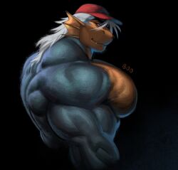  2024 animal_humanoid anthro big_pecs biped black_background boosterpang clothed clothing fin fish fish_humanoid hair hat headgear headwear hi_res huge_pecs humanoid looking_at_viewer looking_back looking_back_at_viewer male marine marine_humanoid multicolored_body muscular muscular_anthro muscular_male pecs simple_background solo topless turloch_(benji) white_hair 