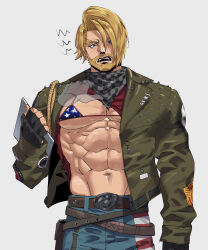  1boy 403fv abs american_flag american_flag_print bara bare_pectorals beard blonde_hair bra clothes_lift connected_beard cowboy_shot crossdressing denim disembodied_hand facial_hair fingerless_gloves flag_print full_beard gloves highres jeans large_pectorals lifting_another&#039;s_clothes male_focus mature_male muscular muscular_male nipples pants paul_phoenix pectorals print_bra shirt_lift shout_lines shredded_muscles solo_focus standing tekken tekken_6 thick_beard thick_eyebrows underwear 