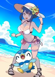  absurdres alternate_costume alternate_hairstyle beach beak bikini black_choker blue_hair blue_sky bracelet breasts choker cleavage cloud dark_blue_hair dawn_(pokemon) day female flower grey_eyes hat hat_flower hibiscus highres jewelry large_breasts looking_at_viewer makademia navel open_mouth outdoors pendant_choker piplup pokemon pokemon_(creature) pokemon_dppt red_flower sand sandals side-tie_bikini_bottom sidelocks sky sun_hat swimsuit thigh_strap toes updo water white_bikini white_hat yellow_flower 