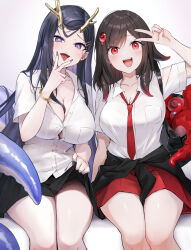  2girls absurdres alternate_costume azur_lane bag black_cardigan black_skirt bracelet breasts brown_hair bursting_breasts button_gap buttons cardigan cardigan_around_waist cleavage clothes_around_waist clothes_lift collarbone collared_shirt commentary cunnilingus_gesture golden_hind_(azur_lane) gyaru heart heart-shaped_pupils highres horns huge_breasts jewelry kai_(esugi) kogal large_breasts legs_together lifting_own_clothes long_hair looking_at_viewer loose_necktie medium_hair mole mole_under_mouth multiple_girls nail_polish necktie open_mouth pleated_skirt purple_eyes purple_hair purple_nails red_eyes red_necktie red_skirt royal_fortune_(azur_lane) school_bag school_uniform sharp_teeth shirt short_sleeves sitting skirt skirt_lift smile symbol-shaped_pupils teeth tentacle_hair thighs tongue tongue_out v v_over_mouth very_long_hair white_shirt 