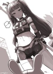  bangboo_(zenless_zone_zero) bare_shoulders belt blunt_bangs braid breasts crop_top elbow_gloves female gloves greyscale highres long_hair midriff monochrome navel nosuku qingyi_(zenless_zone_zero) revision short_shorts shorts sidelocks sleeveless small_breasts solo_focus thighs twin_braids twintails zenless_zone_zero 