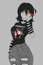  band_shirt belt black_choker black_hair black_shirt choker daigo_(daistrangelove) emo_fashion grey_background highres kill_la_kill matoi_ryuuko merchandise multicolored_hair my_chemical_romance o-ring o-ring_choker red_hair ripped_jeans shirt short_hair two-tone_hair wristband 