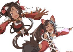  animal_ear_fluff animal_ears bare_shoulders bell black_shorts breasts brown_hair cat_ears cat_tail dark-skinned_female dark_skin detached_sleeves fangs female forehead_tattoo hair_ribbon hairband highres jingle_bell long_hair looking_at_viewer looking_back multiple_views neck_bell nekomiya_mana nosuku open_mouth parted_bangs ponytail red_eyes red_shirt ribbon shirt shorts sleeveless sleeveless_shirt small_breasts tail zenless_zone_zero 