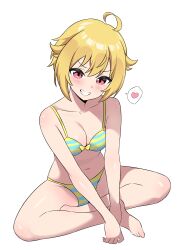  absurdres ahoge bikini blonde_hair female full_body grin hair_flaps heart highres ibuki_tsubasa idolmaster idolmaster_million_live! indian_style looking_at_viewer short_hair simple_background sitting smile solo spoken_heart striped_bikini striped_clothes swimsuit white_background zaza_(zahaoming) 