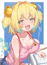  +++ alternate_costume bare_shoulders blonde_hair blue_eyes blue_hair blush_stickers bombergirl breasts camisole cleavage colored_tips commentary_request female from_side furrowed_brow highres large_breasts looking_at_viewer looking_to_the_side m-p_(74935450) multicolored_hair notebook oerba_yun_fang open_mouth pen pine_(bombergirl) pink_camisole short_hair simple_background skin_fang smile smug solo spoken_www tail translation_request two-tone_hair upper_body yellow_pupils 