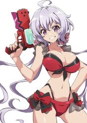  ahoge bikini breasts cleavage eyebrows_hidden_by_hair feet_out_of_frame female grin hair_between_eyes hair_ornament hair_scrunchie hand_on_own_hip holding holding_water_gun large_breasts long_hair looking_at_viewer mutsuki_riichi navel purple_eyes red_bikini scrunchie senki_zesshou_symphogear simple_background smile solo stomach swimsuit teeth very_long_hair water_gun white_background white_hair yukine_chris 