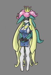  2024 accessory anthro apron apron_only bandage bandage_on_face bandage_wraps big_breasts blindfold breasts burn_scar clothed clothing digital_drawing_(artwork) digital_media_(artwork) elemental_creature female flora_fauna flower flower_(anatomy) flower_crown generation_5_pokemon green_hair hair hair_accessory hair_tie head_flower hi_res leaf leaf_clothing lilium_(snoutless) lilligant mature_female multicolored_hair nintendo plant plant_hair pokemon pokemon_(species) pokemorph pseudo_hair scar shiny_pokemon simple_background smile snoutless solo standing tied_hair topwear white_body 