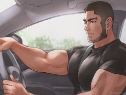  1boy bara beard_stubble between_pectorals biceps black_hair buzz_cut car_interior car_seat driving facial_hair from_side golden_kamuy long_sideburns looking_ahead male_focus mature_male muscular muscular_male nopinzo pectorals seatbelt shirt short_hair sideburns smile solo steering_wheel strap_between_pecs stubble tanigaki_genjirou thick_eyebrows tight_clothes tight_shirt very_short_hair 