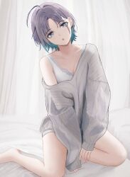  :o ahoge aqua_hair asakura_toru bad_id bad_pixiv_id bare_legs barefoot blush bra breasts cleavage collarbone commentary_request earrings female gradient_hair grey_sweater head_tilt idolmaster idolmaster_shiny_colors indoors jewelry lace-trimmed_bra lace_trim looking_at_viewer loose_clothes multicolored_hair no_pants purple_eyes short_hair single_bare_shoulder sitting solo sweater underwear urushi_(1879722500) white_bra 