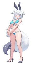  :&lt; absurdres ahoge animal_ears bikini black_footwear blue_bikini blue_eyes blush braid breasts closed_mouth commentary deaver english_commentary fake_animal_ears female fox_ears fox_girl fox_tail full_body highres hololive large_breasts long_hair looking_at_viewer pentagram rabbit_ears shirakami_fubuki simple_background single_braid solo standing swimsuit tail thighs virtual_youtuber white_background white_hair 