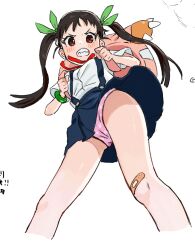  backpack bag bandaid bandaid_on_knee bandaid_on_leg black_hair blue_skirt blush bracelet clenched_hands clenched_teeth commentary_request feet_out_of_frame female from_below green_bracelet green_ribbons hachikuji_mayoi hair_ribbon jewelry long_hair looking_at_viewer looking_down monogatari_(series) neck_ribbon panties pantyshot pink_bag pink_panties red_eyes red_ribbon ribbon school_uniform shirt simple_background skirt solo suspender_skirt suspenders teeth twintails underwear upskirt white_background white_shirt yamada_seimei 