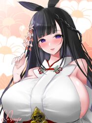  animal_ears azur_lane bare_shoulders black_hair blunt_bangs blush braid breasts daisen_(azur_lane) detached_sleeves female floral_background flower hair_flower hair_ornament hand_up hisin huge_breasts japanese_clothes long_hair looking_at_viewer miko nontraditional_miko parted_lips purple_eyes side_braid signature single_braid smile solo upper_body watermark 