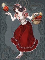  apple basket black_hair bomb breasts brown_eyes cleavage dairoku_ryouhei dress explosive female flower food fruit full_body grey_background hair_flower hair_ornament high_heels jewelry koga_aso looking_at_viewer necklace puffy_short_sleeves puffy_sleeves red_dress short_sleeves small_breasts solo two-tone_dress white_dress 