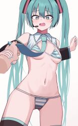  1other bikini black_sleeves black_thighhighs blue_bikini blue_eyes blue_hair blush breasts collared_shirt commentary_request cowboy_shot crop_top detached_sleeves female hair_ornament harumoto30 hatsune_miku headset highres holding_another&#039;s_wrist long_hair long_sleeves looking_at_viewer meme_attire miku_collar_bikini navel necktie necktie_grab neckwear_grab open_mouth shirt simple_background sleeveless sleeveless_shirt small_breasts solo_focus striped_bikini striped_clothes swimsuit thighhighs twintails very_long_hair vocaloid white_background white_bikini 