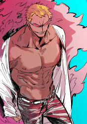  1boy abs ahi_tb blonde_hair blue_background coat collarbone cowboy_shot donquixote_doflamingo earrings highres jewelry large_pectorals male_focus muscular muscular_male one_piece open_clothes open_shirt pectorals pink_coat shirt short_hair smile solo sunglasses white_shirt 