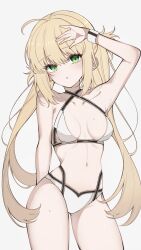  ahoge artoria_caster_(fate) artoria_caster_(swimsuit)_(fate) artoria_caster_(swimsuit)_(first_ascension)_(fate) artoria_pendragon_(fate) bare_shoulders bikini blonde_hair blush breasts collarbone fate/grand_order fate_(series) female green_eyes highres long_hair looking_at_viewer mati5572 navel open_mouth small_breasts solo swimsuit thighs twintails white_bikini 