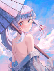  absurdres back blue_eyes blue_hair blue_kimono blue_sky blush closed_mouth commentary english_commentary female from_behind genshin_impact hair_ornament highres holding holding_umbrella japanese_clothes jinnnnnn23 kamisato_ayaka kimono kimono_partially_removed light_blue_hair long_hair looking_at_viewer oil-paper_umbrella sidelocks sky solo umbrella upper_body very_long_hair 