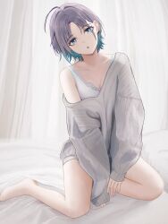  :o absurdres ahoge aqua_hair asakura_toru bare_legs barefoot blush bra breasts cleavage collarbone commentary_request earrings female gradient_hair grey_sweater head_tilt highres idolmaster idolmaster_shiny_colors indoors jewelry lace-trimmed_bra lace_trim looking_at_viewer loose_clothes multicolored_hair no_pants no_toes purple_eyes short_hair single_bare_shoulder sitting solo sweater underwear urushi_(1879722500) white_bra 