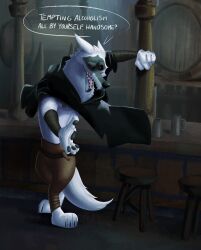  anthro arm_wrapping arm_wraps athletic bar barrel bottomwear canid canine canis cheek_tuft cloak clothing container counter cup death_(puss_in_boots) dialogue dreamworks ears_back ears_down facial_markings facial_tuft flirting fluffy fluffy_tail fur furniture fuzzy grin half-closed_eyes head_markings hi_res inside leaning looking_at_viewer male mammal markings mask_(marking) mug narrowed_eyes neck_tuft nipples offering_hand open_mouth open_smile pants pawpads pivoted_ears poncho pose puss_in_boots_(dreamworks) reaching reaching_out reaching_towards_viewer red_eyes scootscahoots smile solo speech_bubble standing stool tail talking_to_viewer tavern teeth text tuft white_body white_fur wolf wrapped_arms wraps 